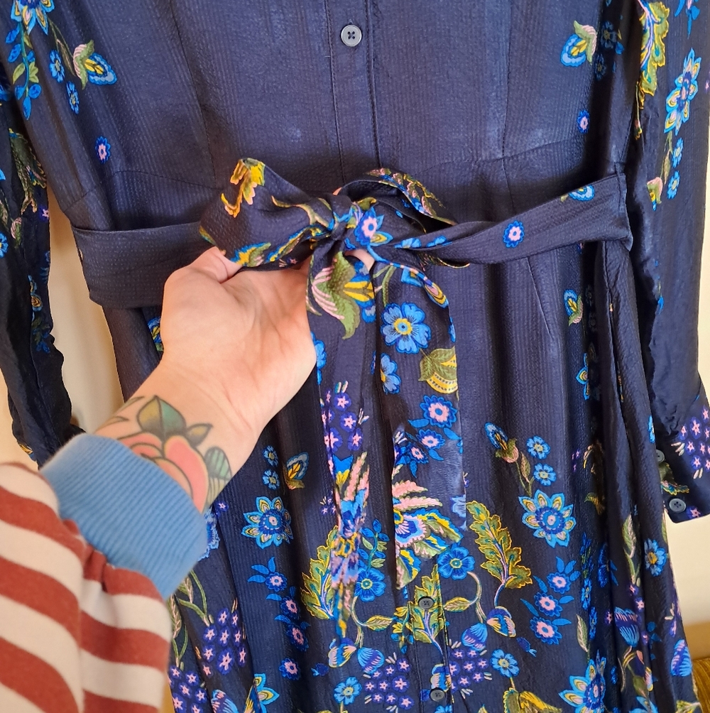 Boden Kate Satin Shirt Dress Navy Floral - Picture 5 of 11